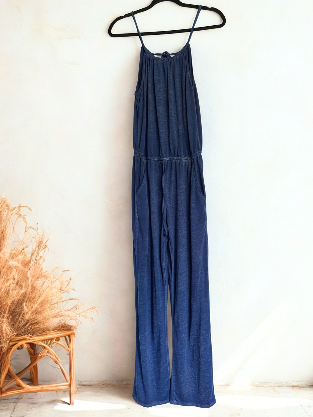 Derek Heart Relaxed Wide Leg Jumpsuit Navy Blue Small Boho Tie Back  Minimalist